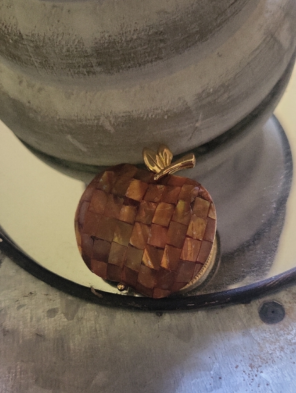 Liz Claiborne Brown and Gold Apple Woven Shell Brooch